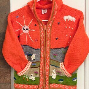 Vintage Peru Knit Kids Sweater Jacket Hoodie Zip Front 1980s
